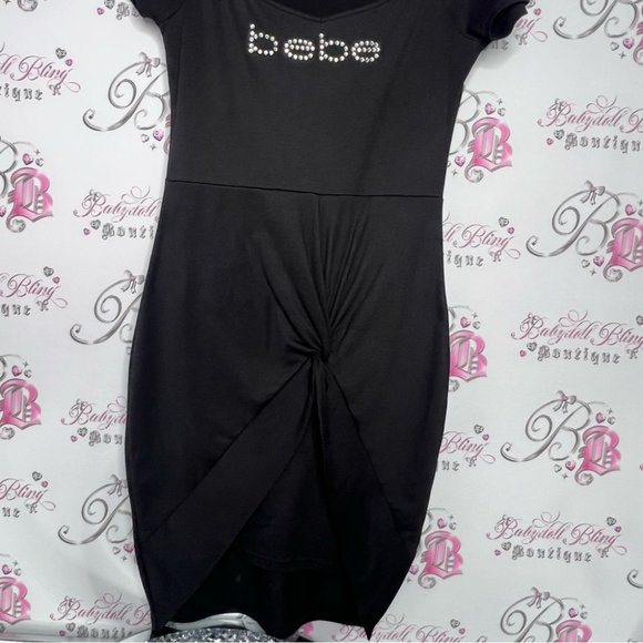 Bebe dress twist tie front tshirt black bling rhinestone Swarovski crystals y2k - Picture 3 of 6
